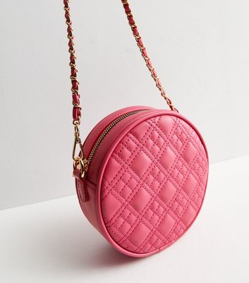 Bright Pink Leather Look Quilted Circle Cross Body Bag New Look