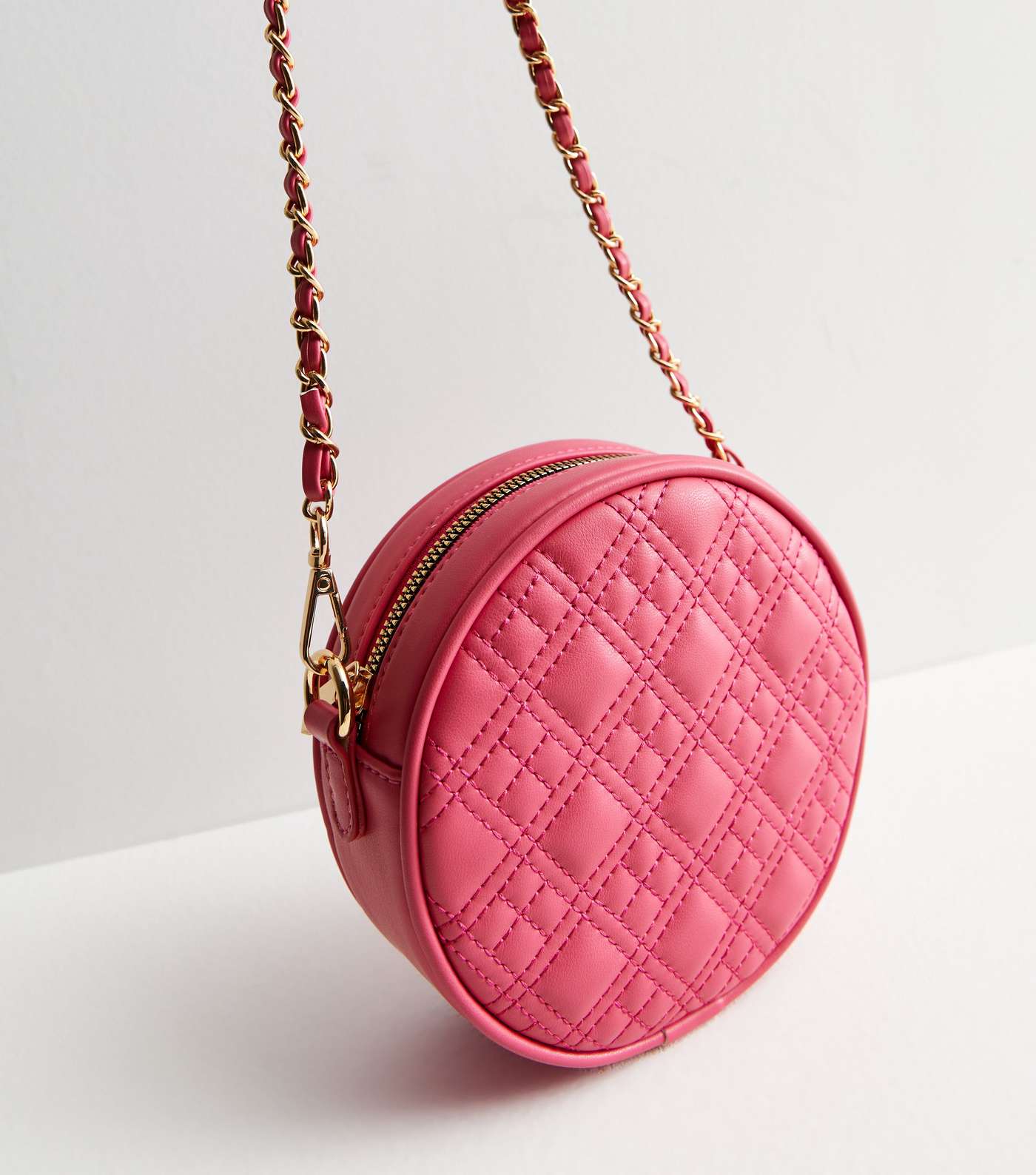 Bright Pink Leather-Look Quilted Circle Cross Body Bag Image 3