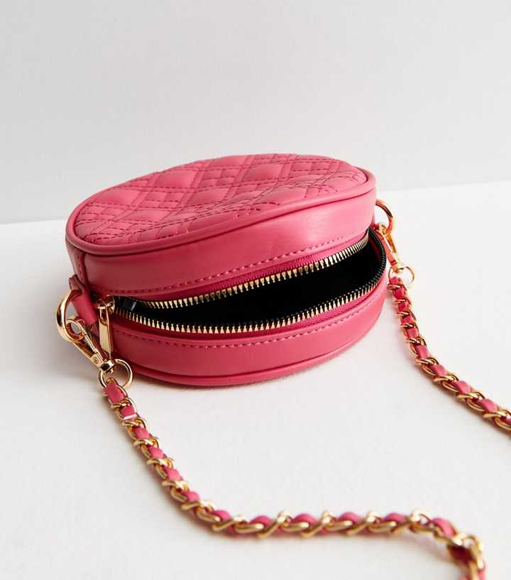 Bright Pink Leather-Look Quilted Circle Cross Body Bag