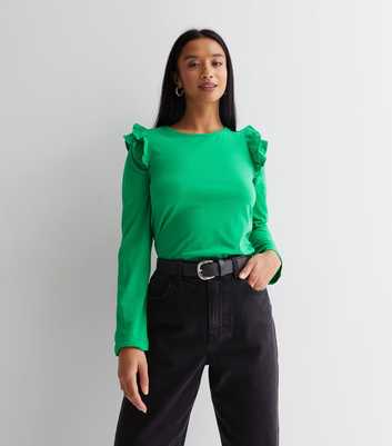 Petite Green Crew Neck Long Sleeve Frill Shoulder Top