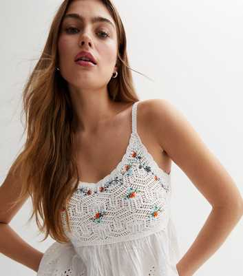 White Floral Embroidered Crochet Broderie Cami
