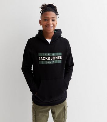 Jack & Jones Junior Black Logo Pocket Front Hoodie New Look