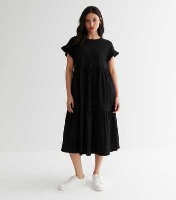 Petite Black Jersey Frill Sleeve Midi Smock Dress