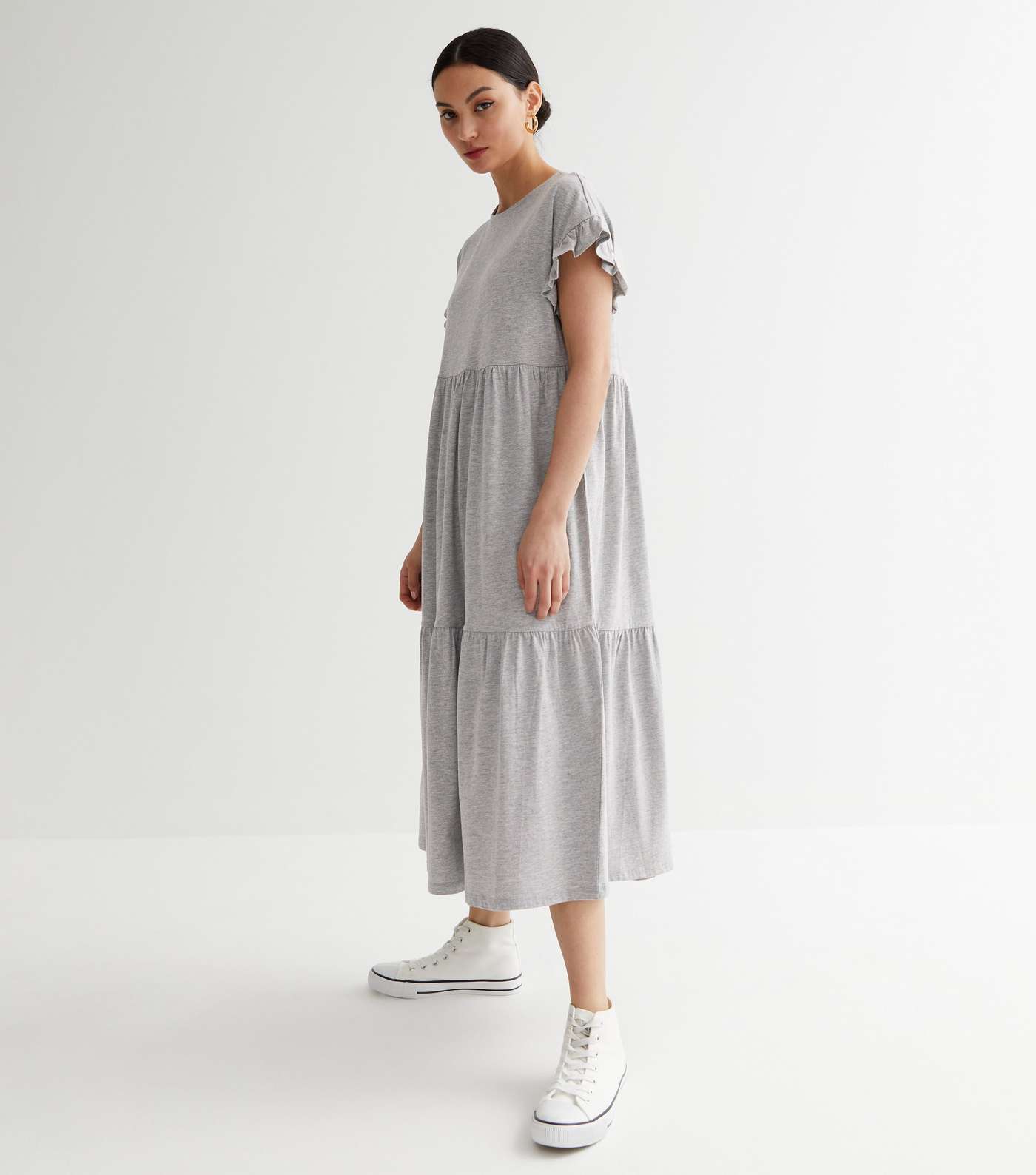 Petite Grey Jersey Frill Sleeve Midi Smock Dress Image 2