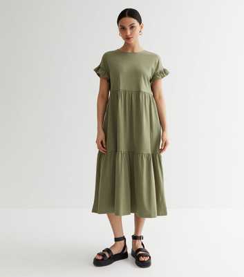 Petite Khaki Jersey Frill Sleeve Midi Smock Dress
