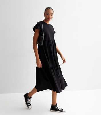Tall Black Frill Sleeve Tiered Midi Smock Dress 