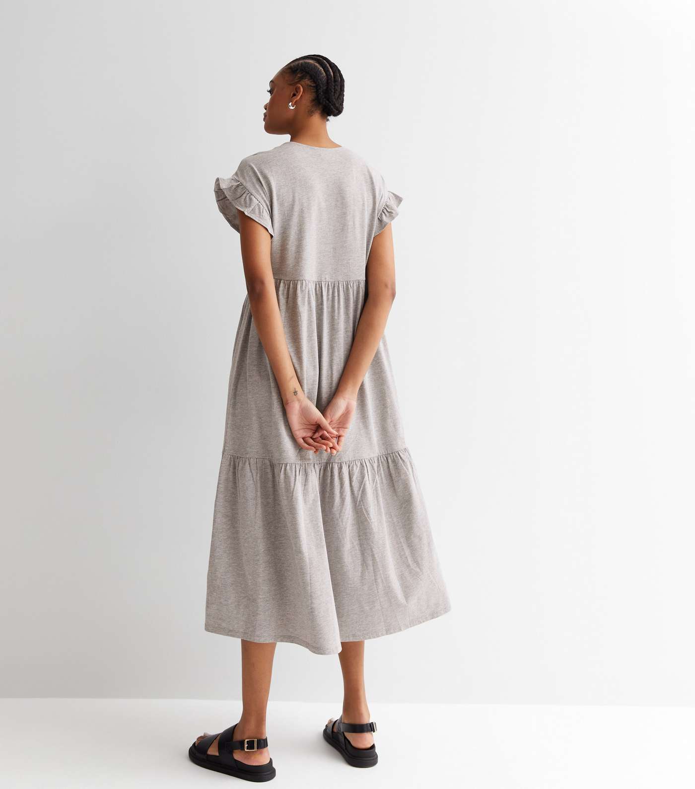 Tall Grey Frill Sleeve Tiered Midi Smock Dress Image 4