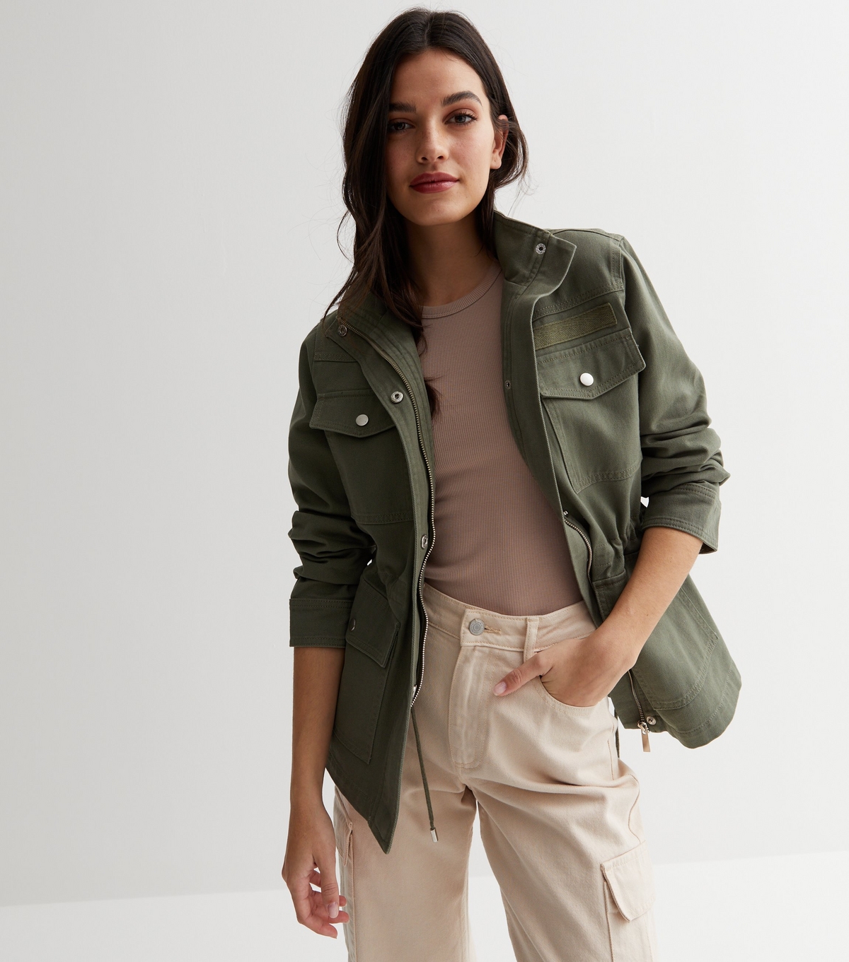 Women's Khaki High Neck Pocket Front Jacket New Look