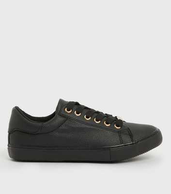 Wide Fit Black Leather-Look Metal Trim Lace Up Trainers