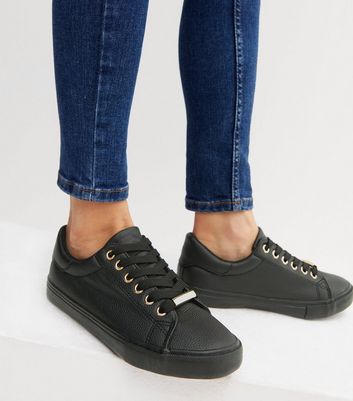 Wide Fit Black Leather-Look Metal Trim Lace Up Trainers New Look Vegan