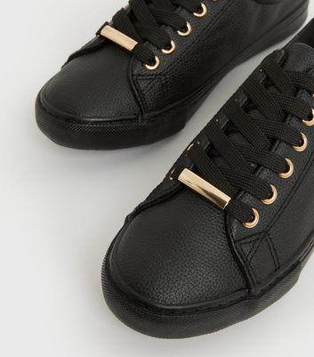 Wide Fit Black Leather Look Metal Trim Lace Up Trainers New Look