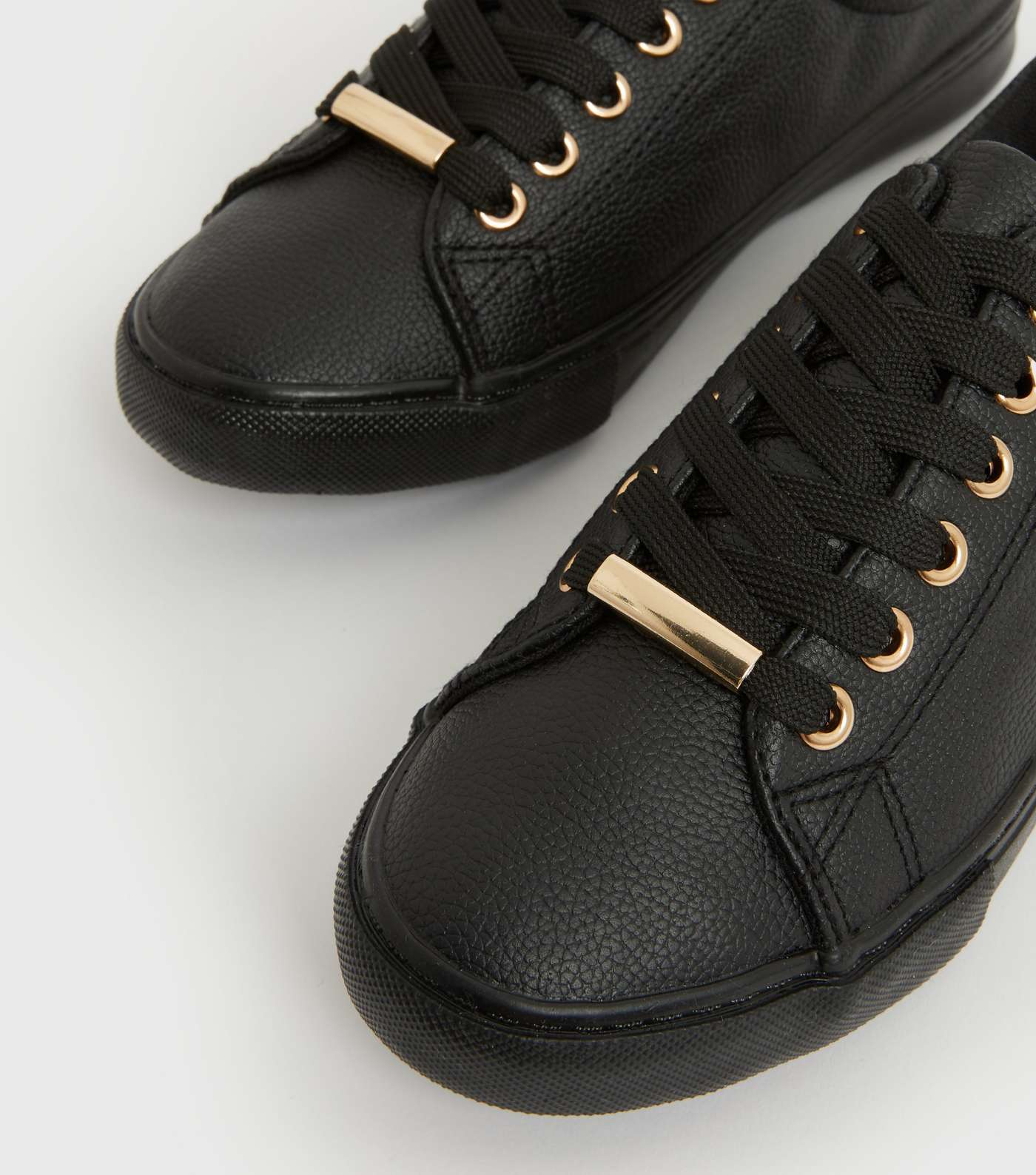 Wide Fit Black Leather-Look Metal Trim Lace Up Trainers Image 4