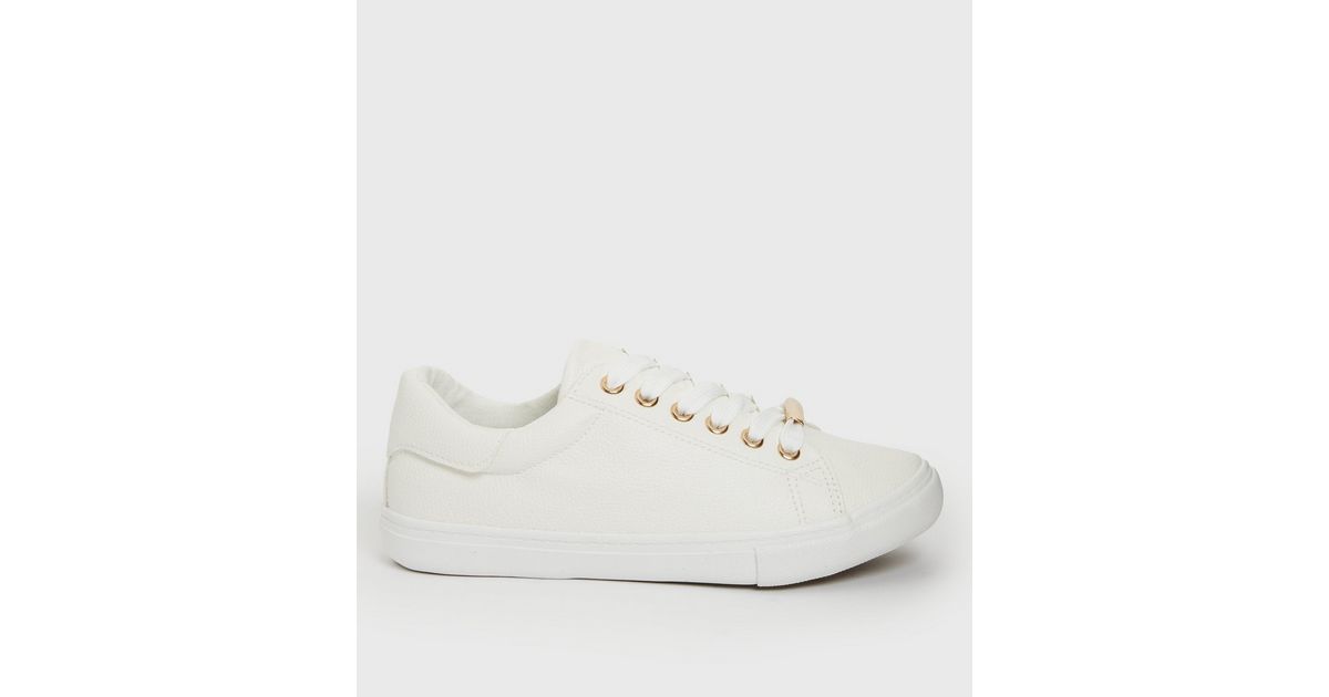 Wide Fit White Leather-Look Lace-Up Trainers | New Look