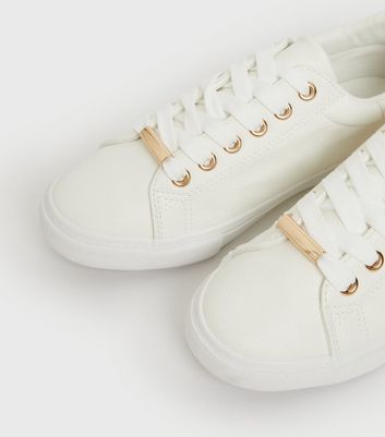 Wide Fit White Leather-Look Lace-Up Trainers New Look Vegan