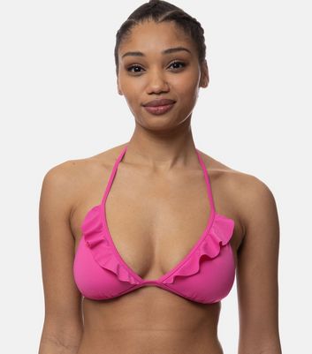 Dorina Bright Pink Frill Lightly Padded Triangle Bikini Top New Look