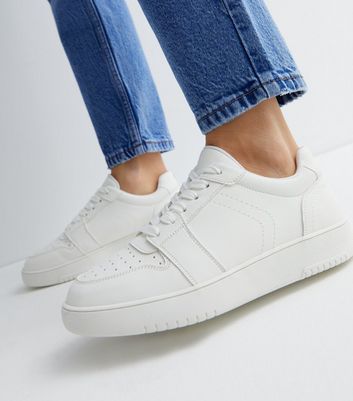 White Leather-Look Perforated Lace Up Chunky Trainers | New Look