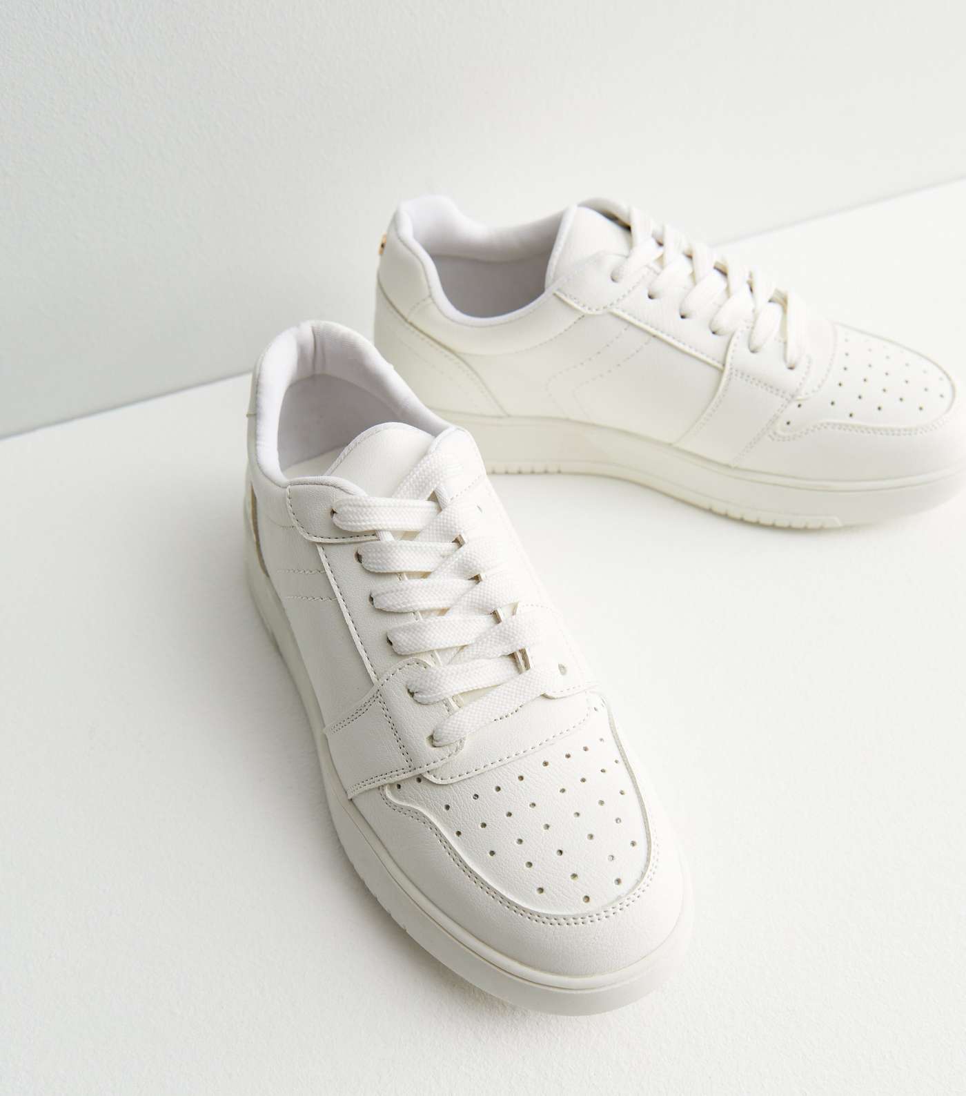 White Leather-Look Perforated Lace Up Chunky Trainers Image 3
