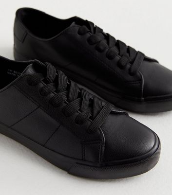Black Leather-Look Lace Up Trainers