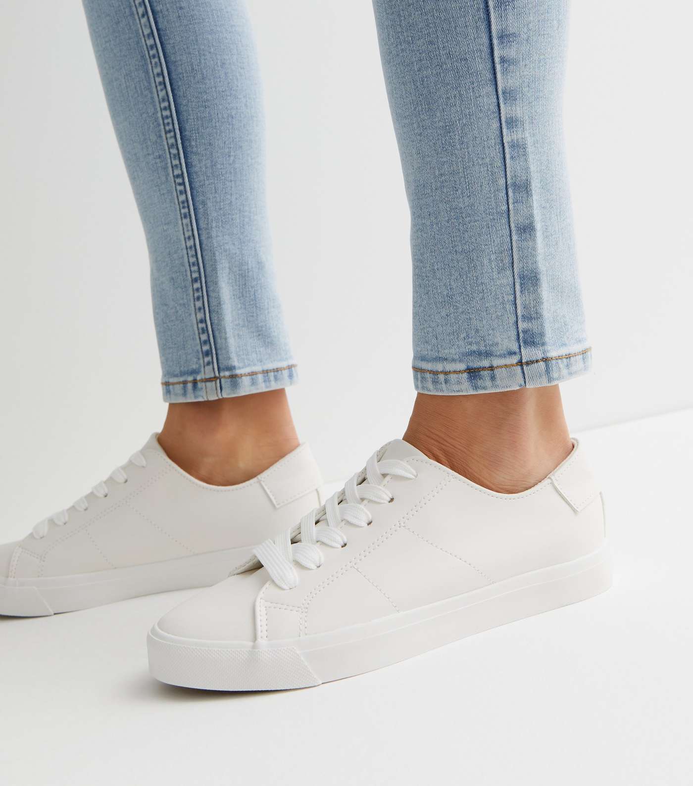 White Leather-Look Lace Up Trainers Image 2