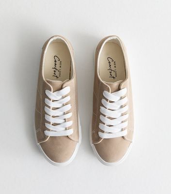 Camel Suedette Lace Up Trainers New Look Vegan