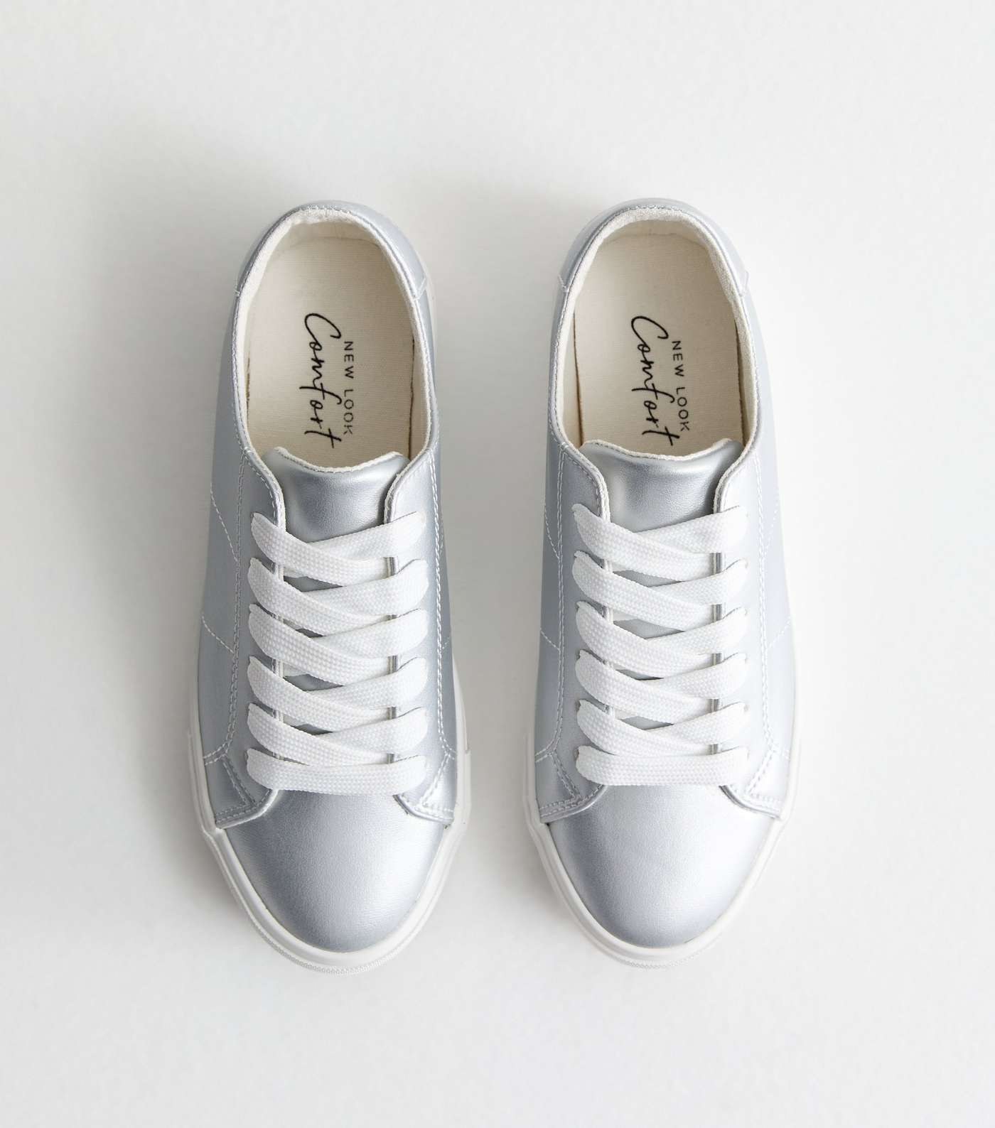 Silver Leather-Look Lace Up Trainers