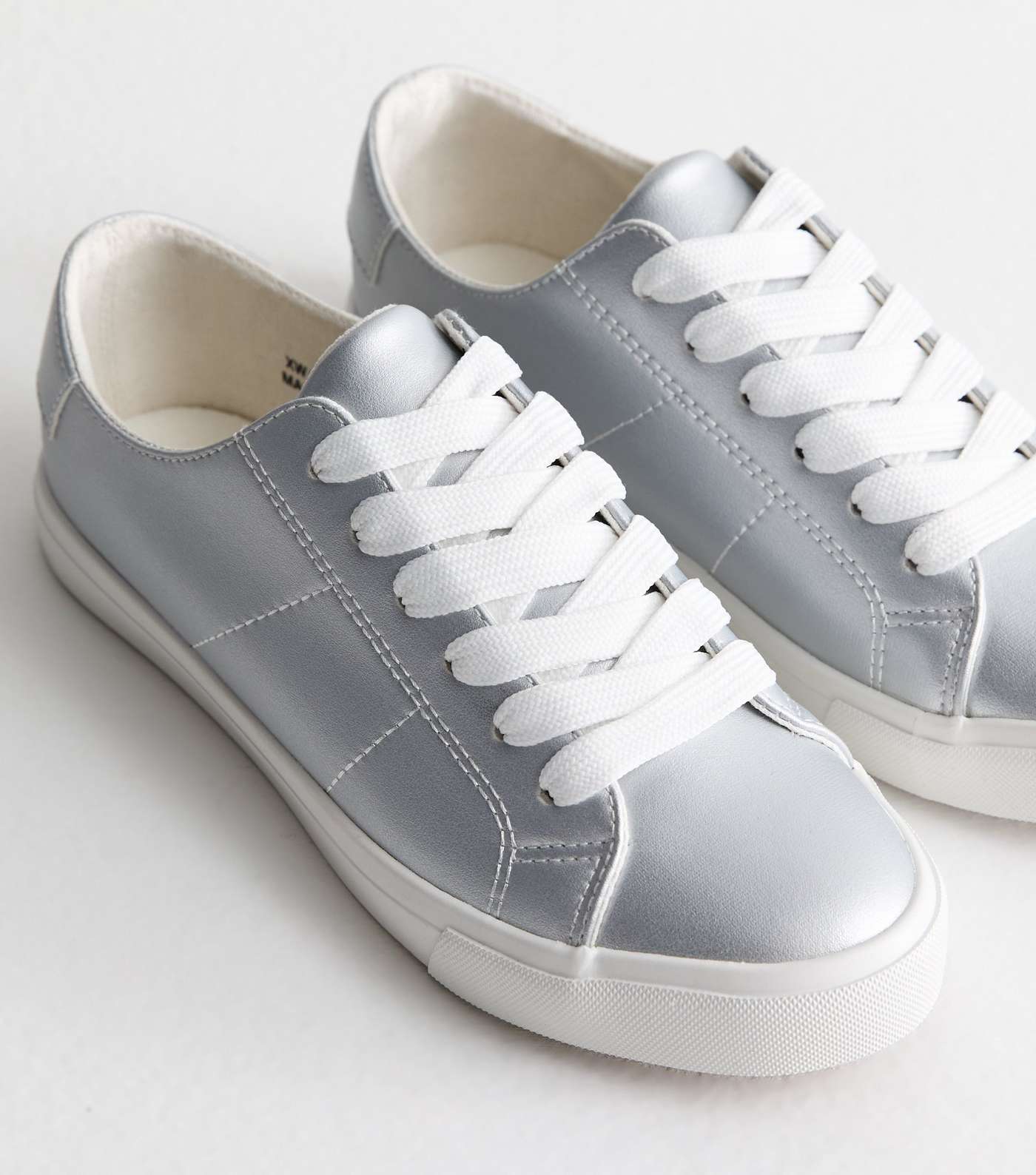 Silver Leather-Look Lace Up Trainers Image 3