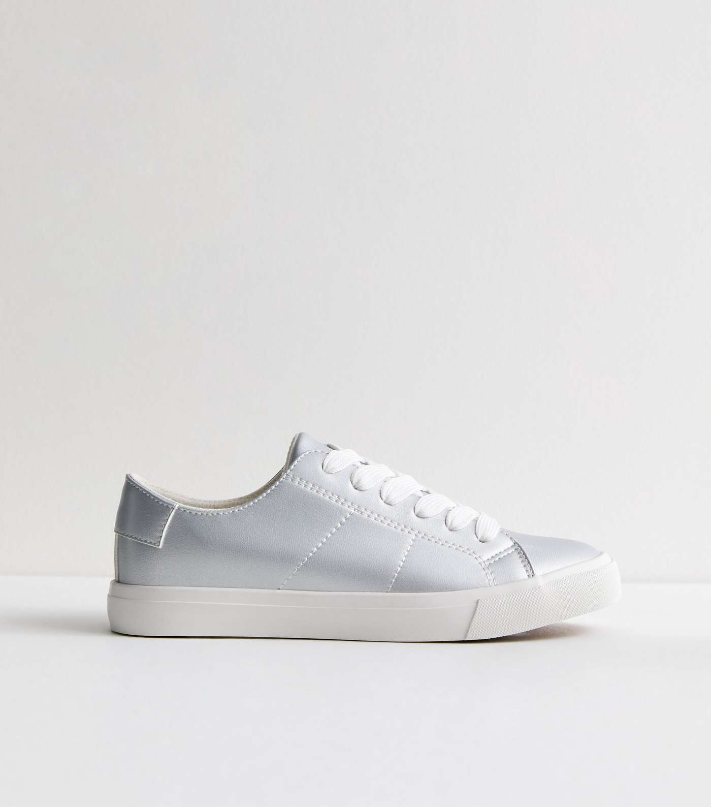Silver Leather-Look Lace Up Trainers Image 5