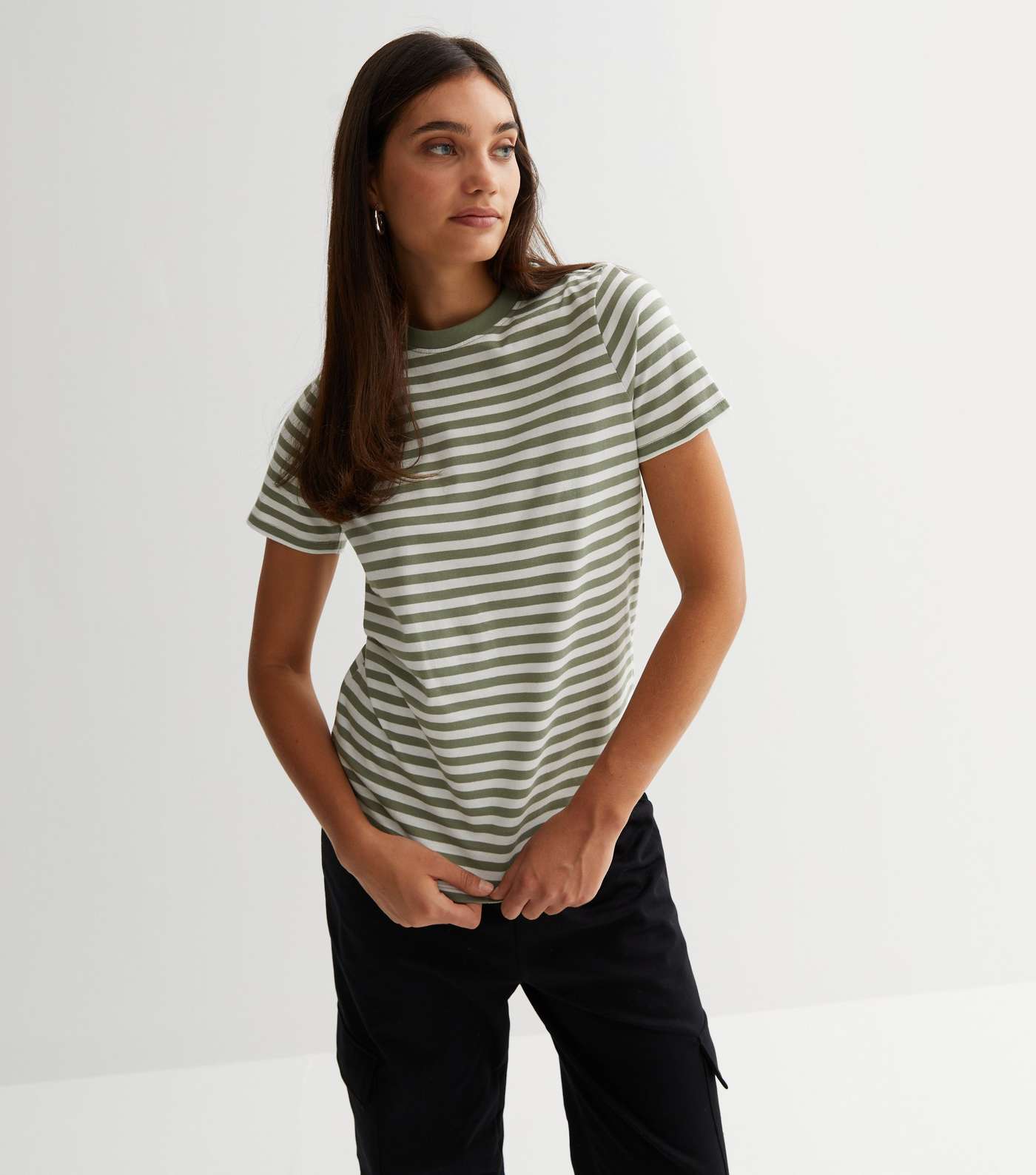 Green Stripe Cotton Crew Neck T-Shirt Image 2