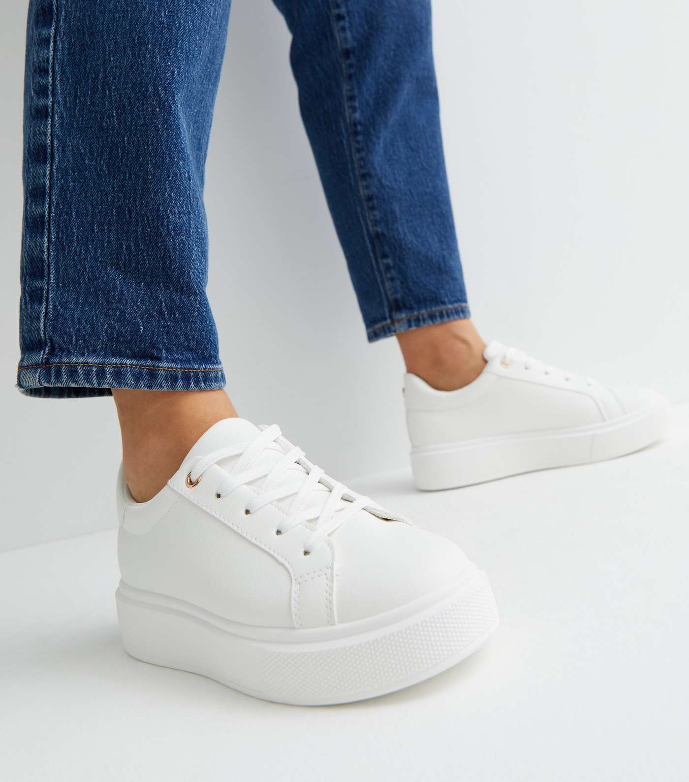 White Leather-Look Lace Up Chunky Trainers Image 2