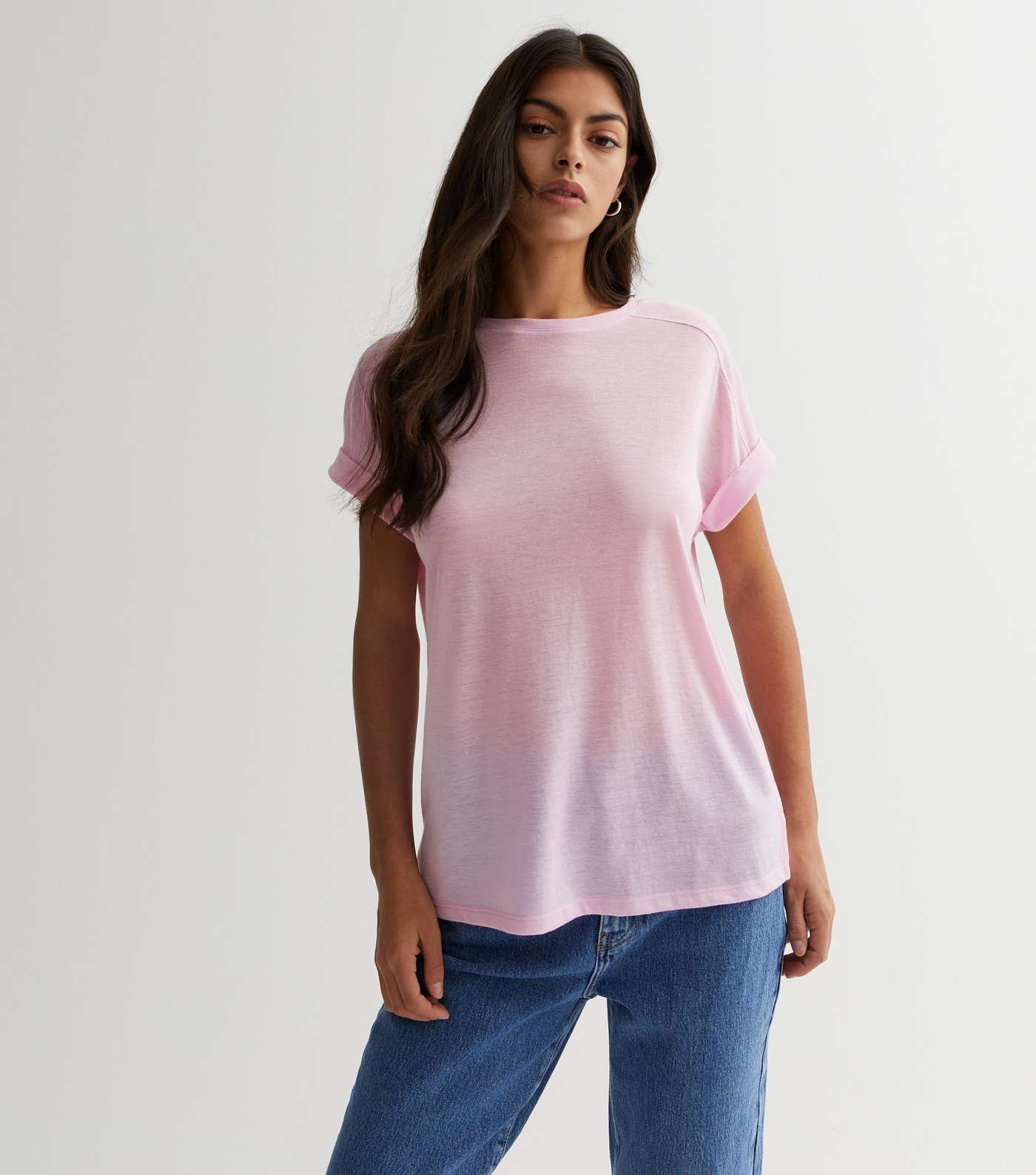 Pink Crew Neck Roll Sleeve T-Shirt