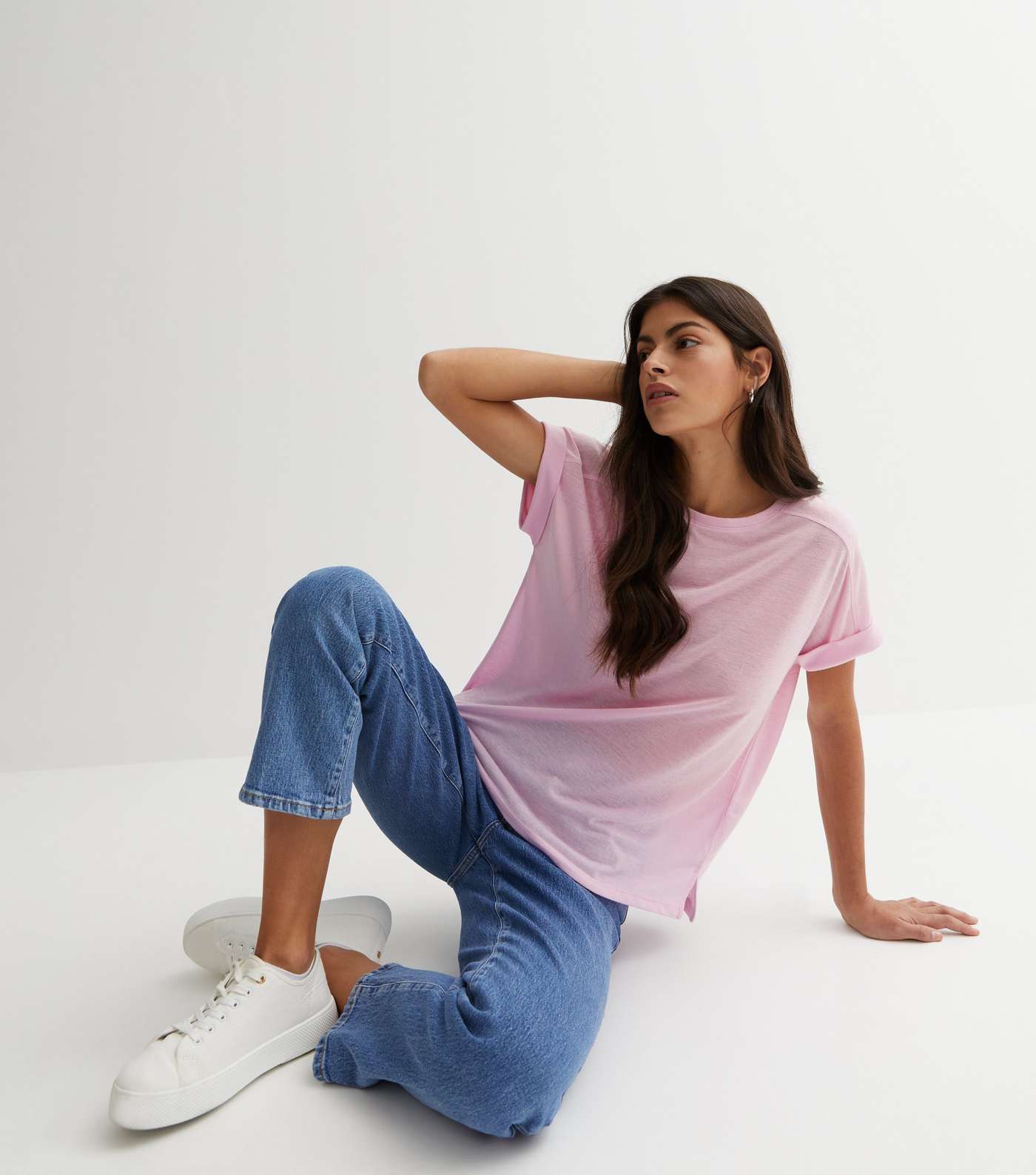Pink Crew Neck Roll Sleeve T-Shirt Image 3