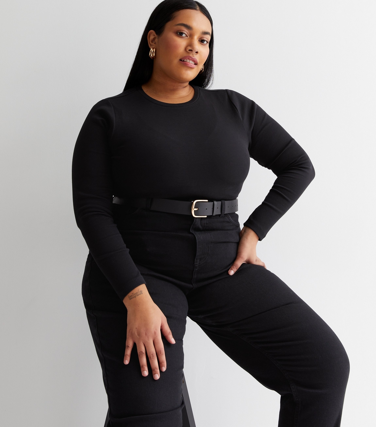 Women's Plus Size Black Ribbed Jersey Crew Neck Bodysuit Curves New Look