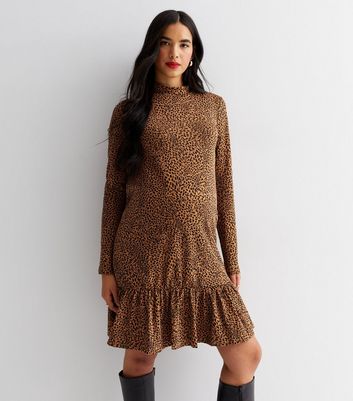 Mamalicious Maternity Brown Leopard Print Long Sleeve Mini Dress