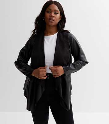 Curves Black Leather-Look Waterfall Duster Coat