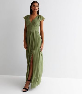 TFNC Green Pleated Open Back Split Hem Maxi Dress | New Look