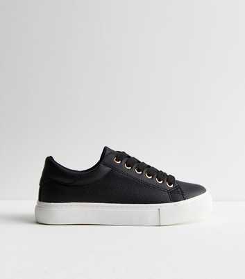 Black Leather-Look Metal Trim Lace Up Trainers