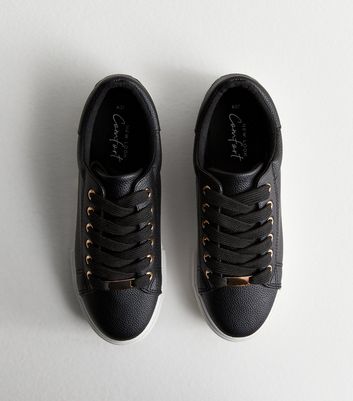 Black Leather-Look Metal Trim Lace Up Trainers New Look Vegan