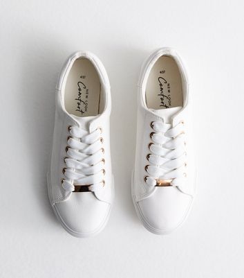 White Leather Look Metal Trim Lace Up Trainers