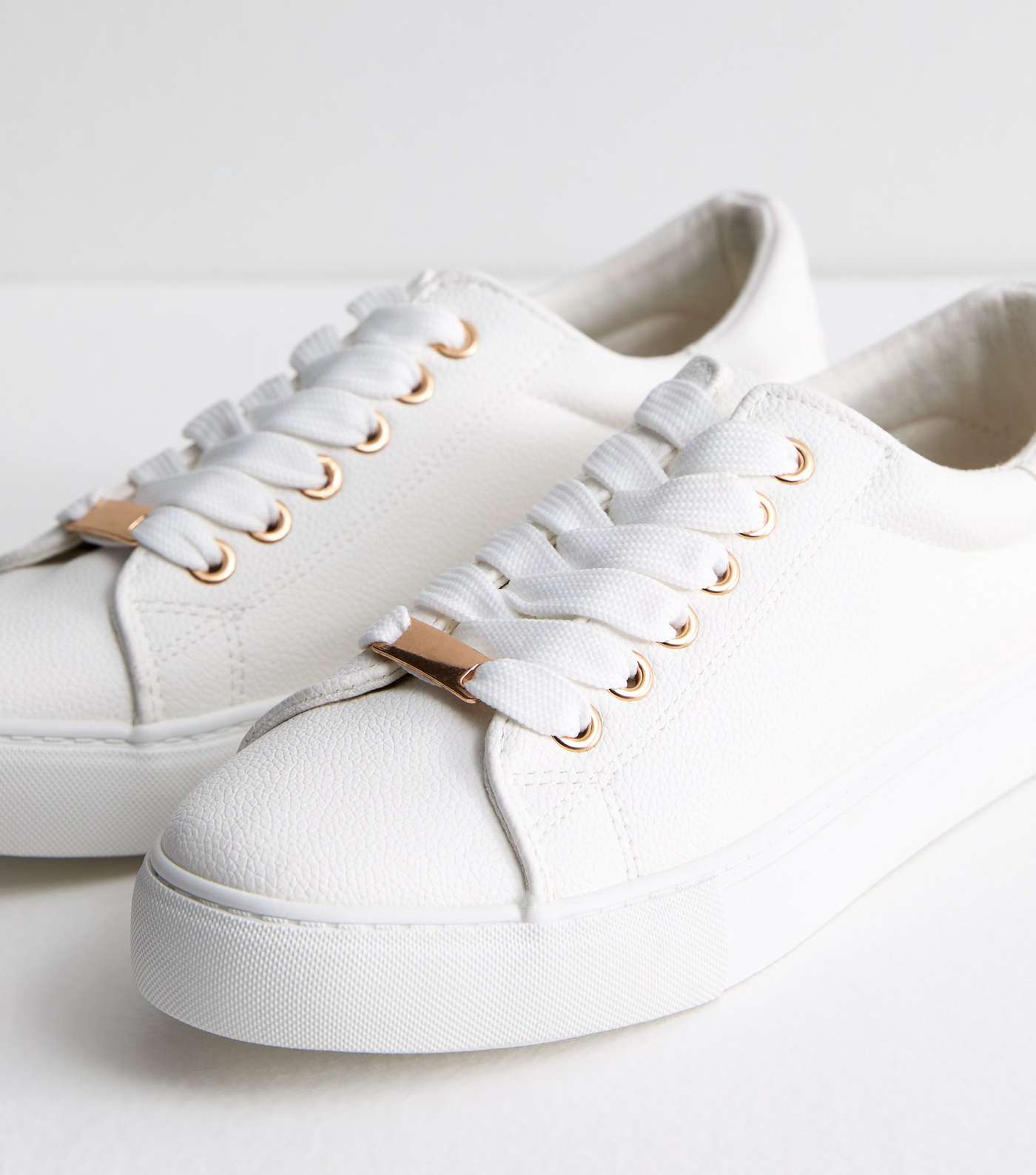 White Leather-Look Metal Trim Lace Up Trainers Image 3