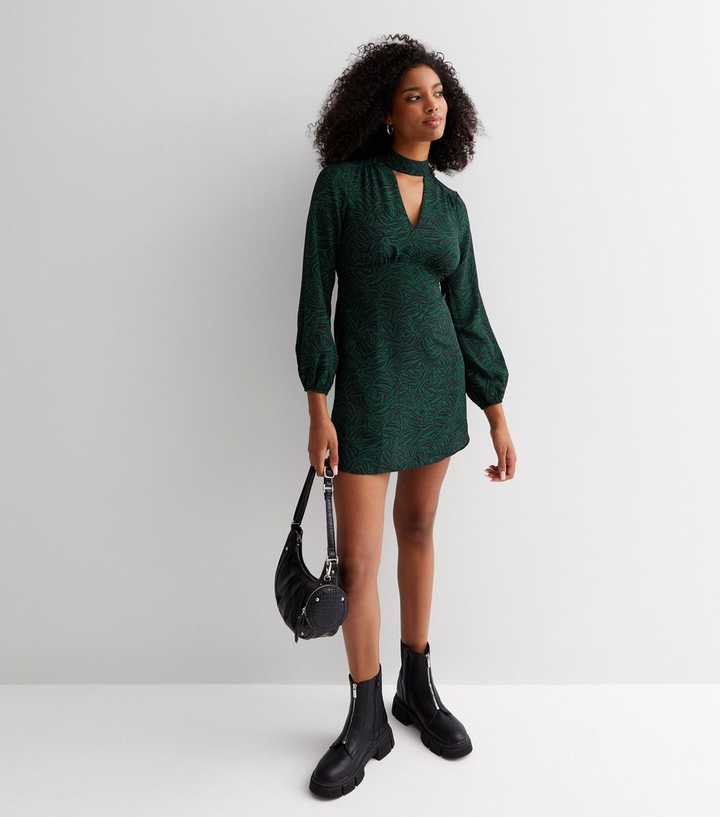 long sleeve keyhole mini dress in green LABEL STORE