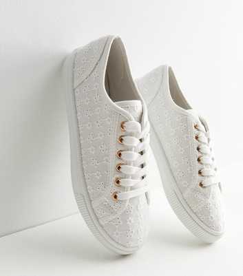 White Broderie Lace Up Trainers