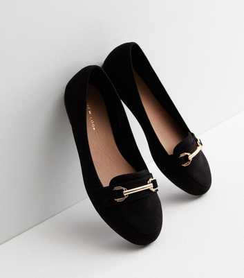 Black Suedette Gold Buckle Loafers