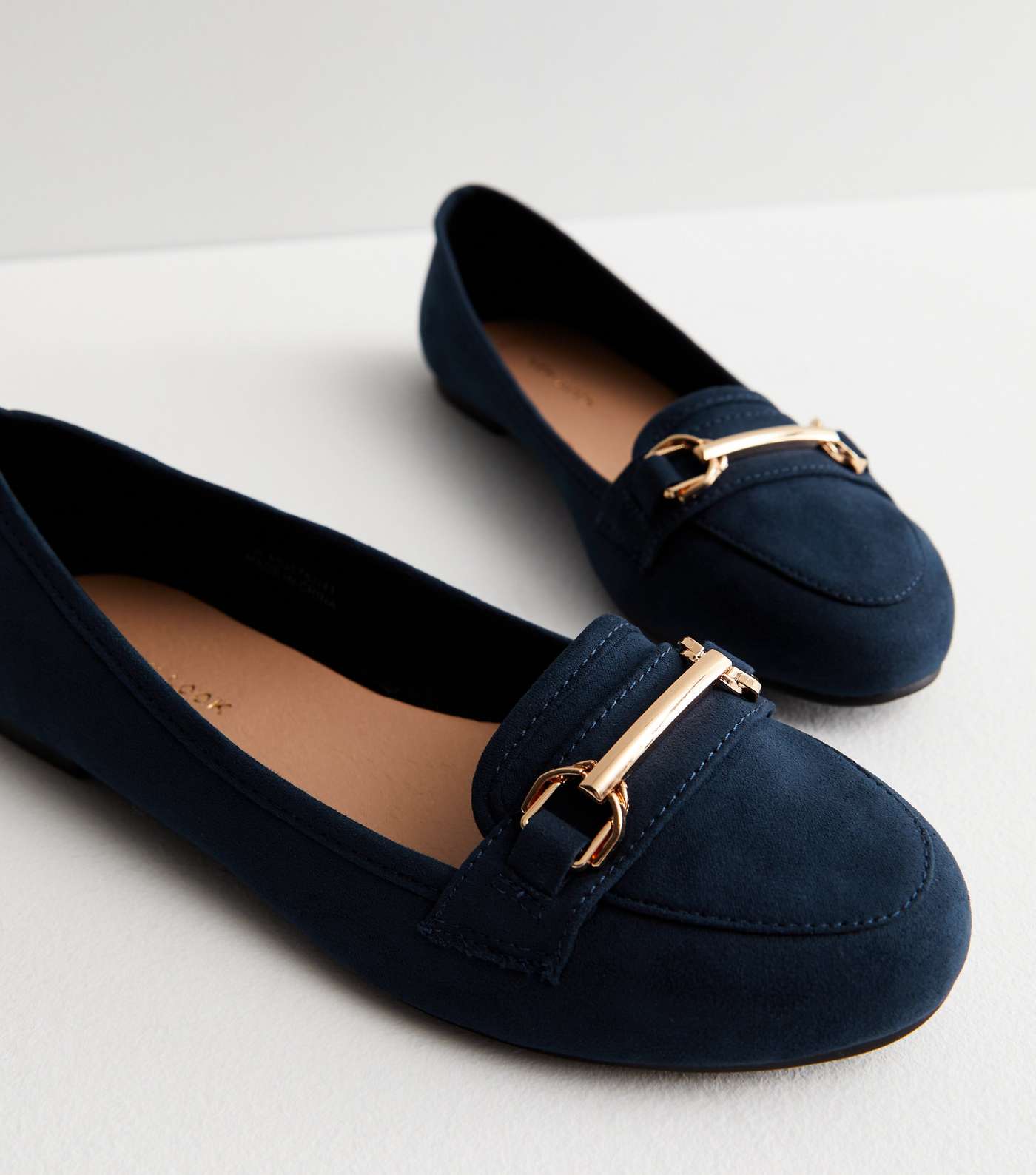 Navy Suedette Gold Buckle Loafers