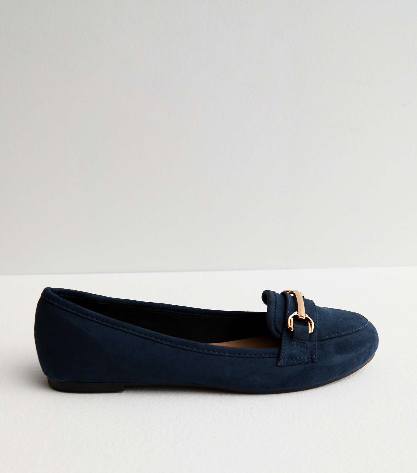 Navy Suedette Gold Buckle Loafers Image 3