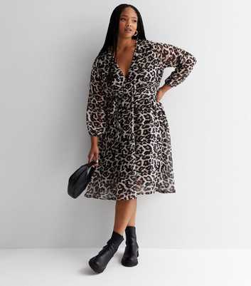 Curves Brown Leopard Print Chiffon V Neck Long Sleeve Midi Dress