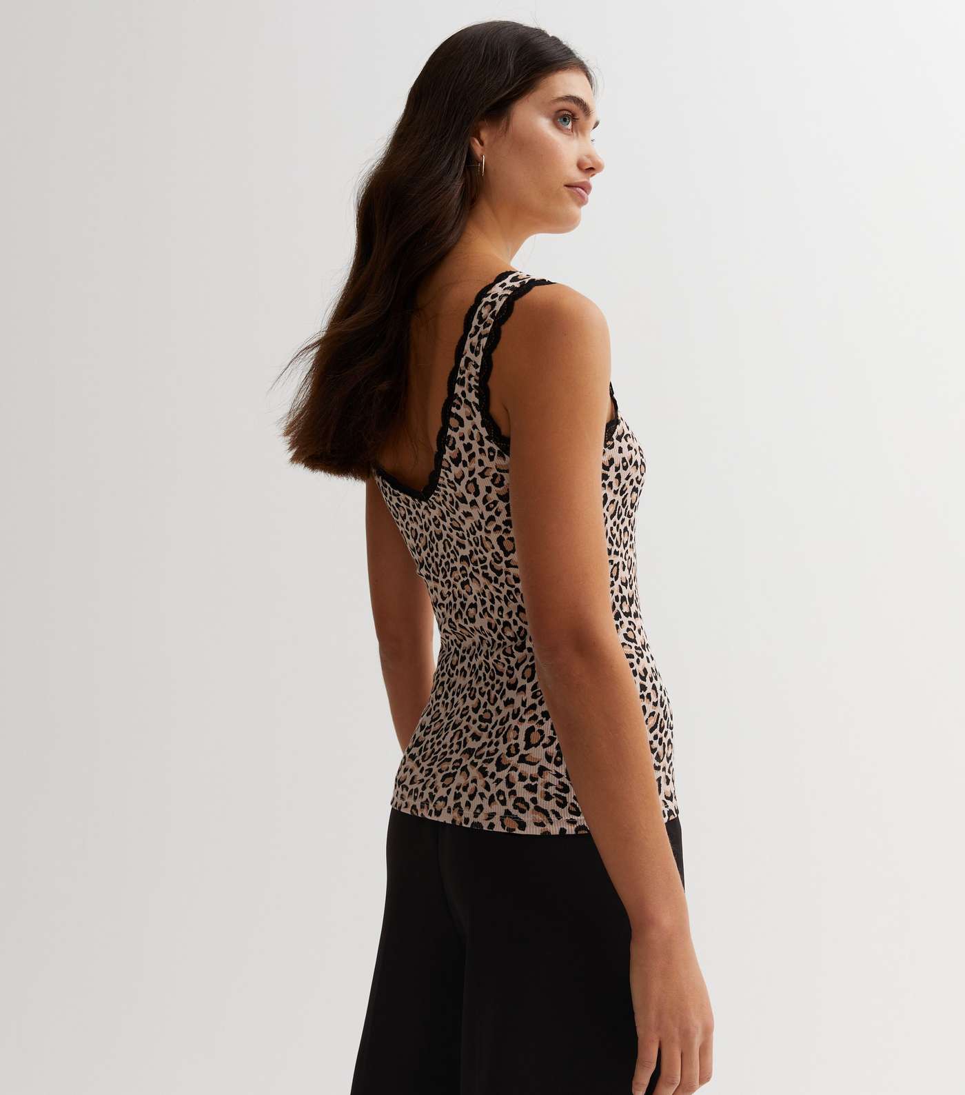 Black Leopard Print V Neck Lace Trim Vest Image 4