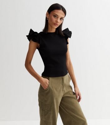 Black Ribbed Frill Sleeve Top New Look