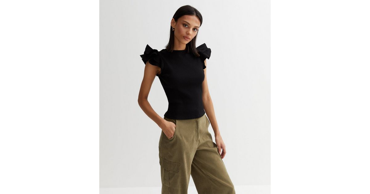 Black Ribbed Frill Sleeve Top | New Look