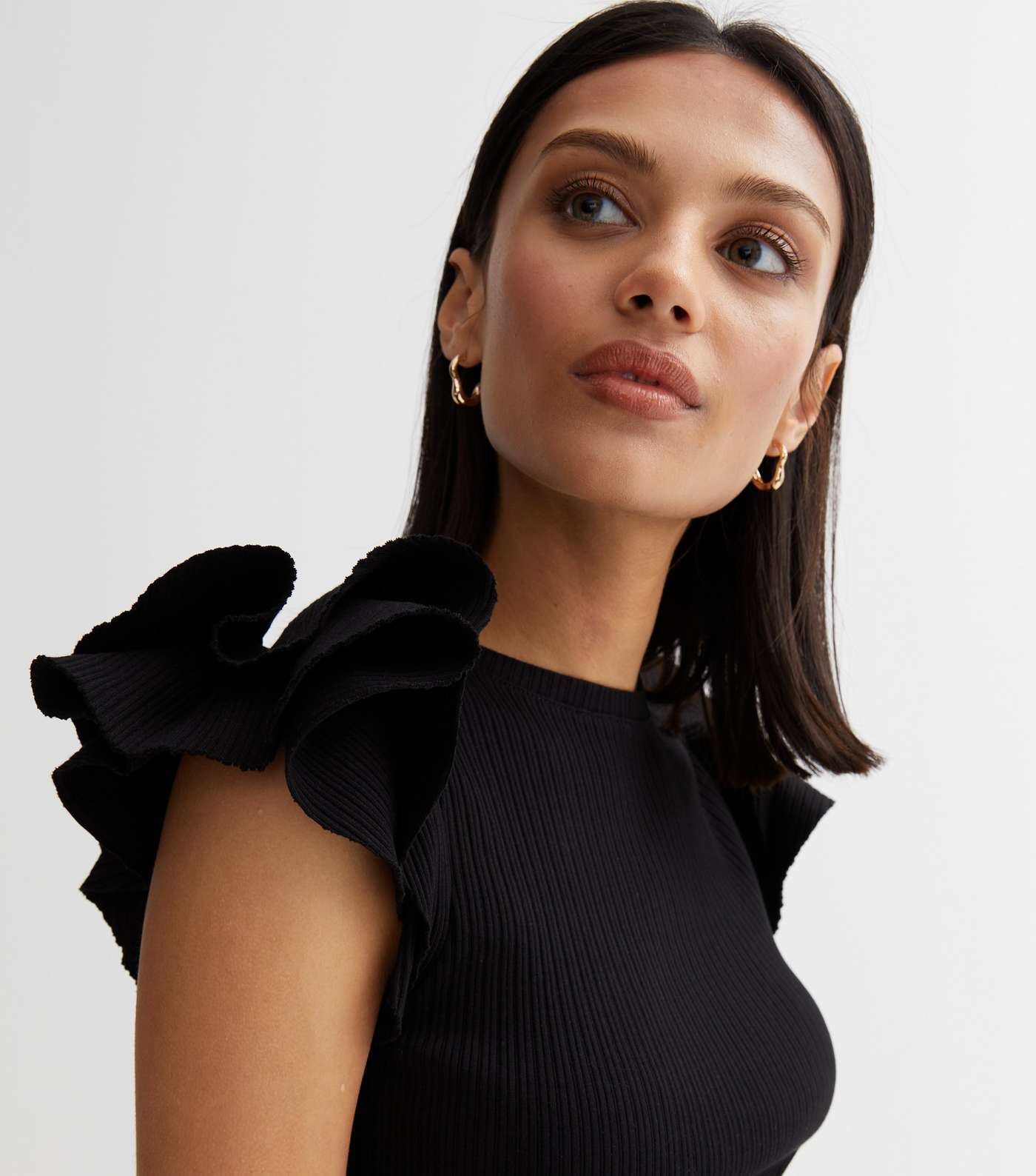 Black Ribbed Frill Sleeve Top Image 3