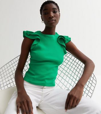 Green Ribbed Frill Sleeve Top New Look